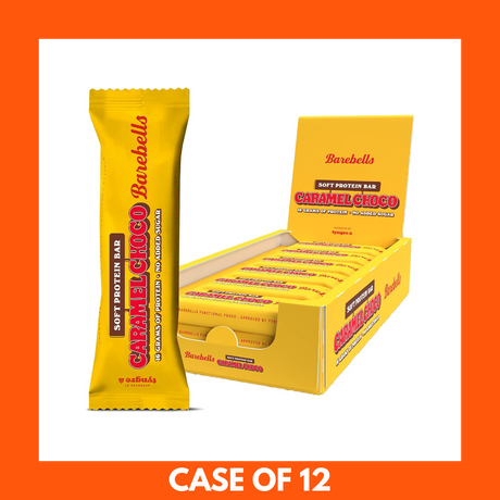 Barebells Caramel Choco Protein Bar unwrapped showing caramel and chocolate coating