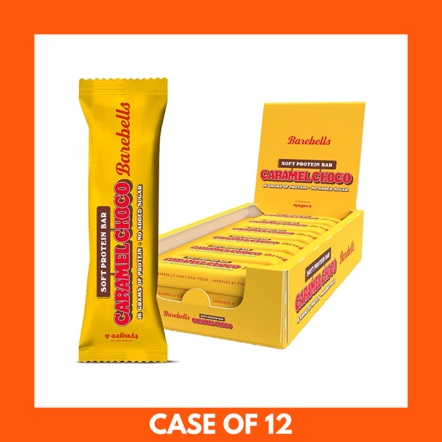 Barebells Caramel Choco Protein Bar unwrapped showing caramel and chocolate coating