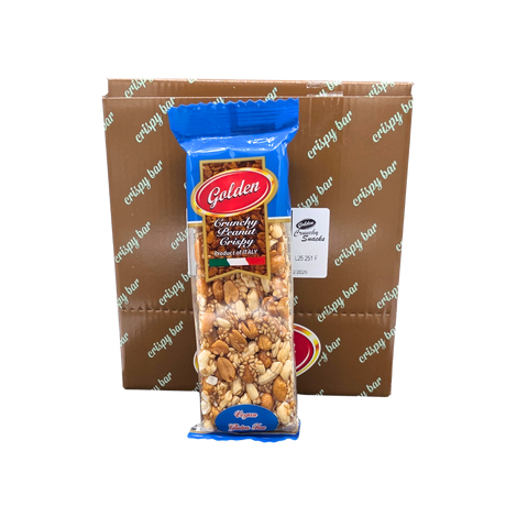 Stack of peanut crispy bars with caramelised texture visible