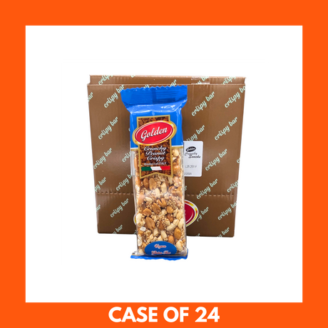 Close-up of Golden Crunchy Peanut Crispy Bar unwrapped on a table