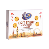 Close-up of buttery Danish cookies with chocolate chips on a white plate