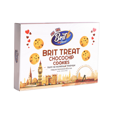 Close-up of buttery Danish cookies with chocolate chips on a white plate