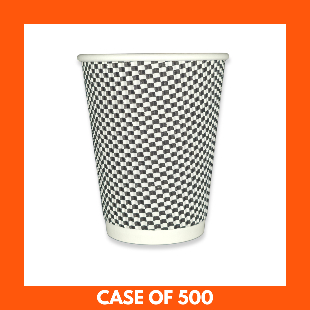 White Premium Takeaway Cups 8oz x 500 stacked with checkered design