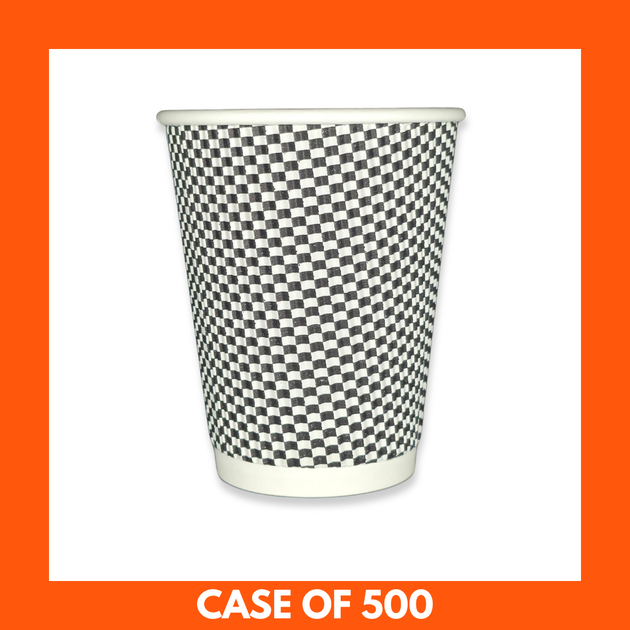 White Premium Takeaway Cups 8oz x 500 stacked with checkered design