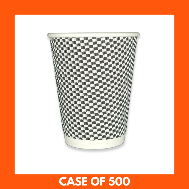 White Premium Takeaway Cups 8oz x 500 stacked with checkered design