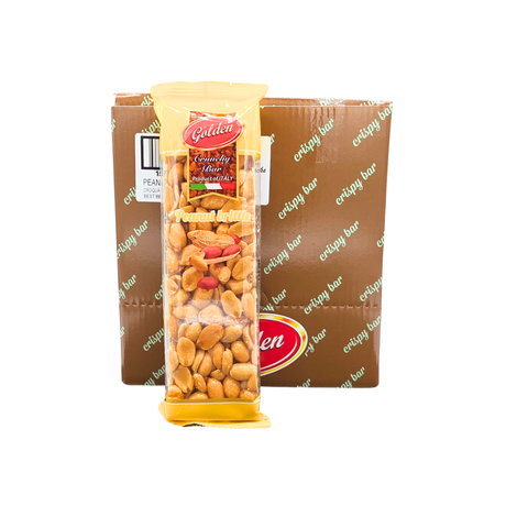 Peanut brittle bar cut open to show crunchy peanut texture