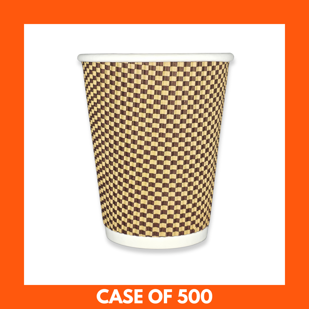 Checkered paper cup with a case of 500 text on an orange background