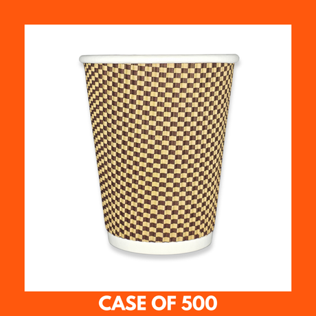 Checkered paper cup with a case of 500 text on an orange background
