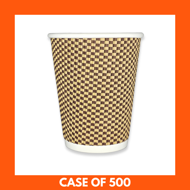 Checkered paper cup with a case of 500 text on an orange background