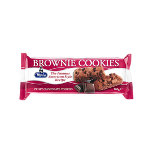 Packaged brownie cookies with Meribe branding on a white background