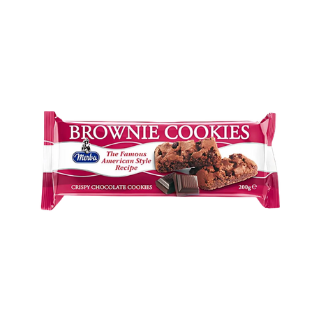 Packaged brownie cookies with Meribe branding on a white background
