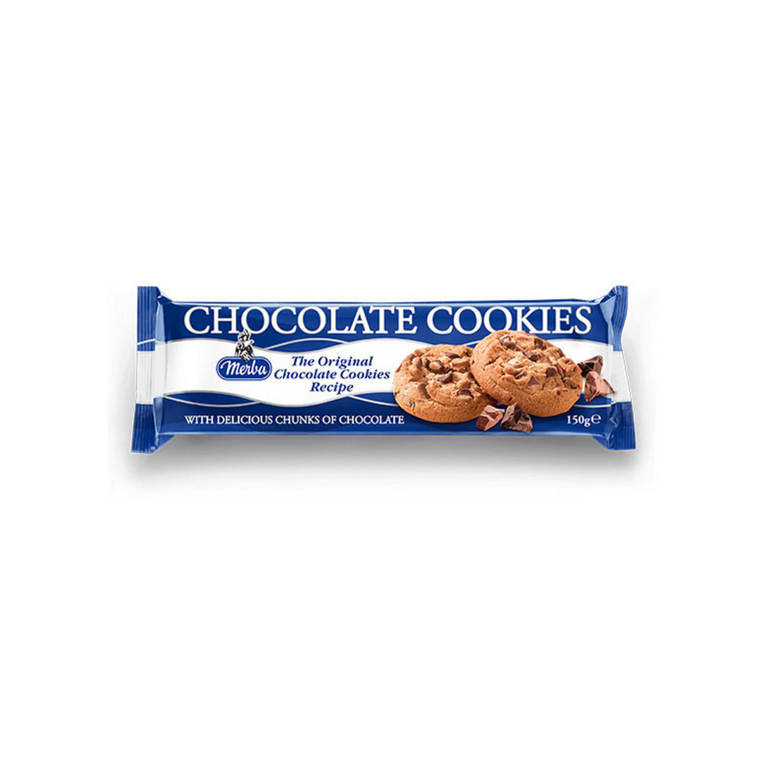Bar of chocolate cookies with a blue and white packaging on a white background