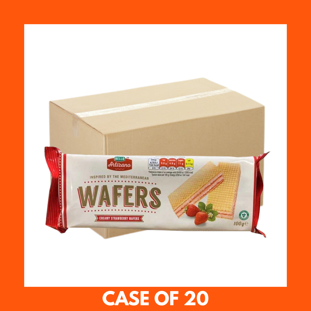 Bello Artizano Creamy Strawberry Wafers 100g box with pink strawberry filling