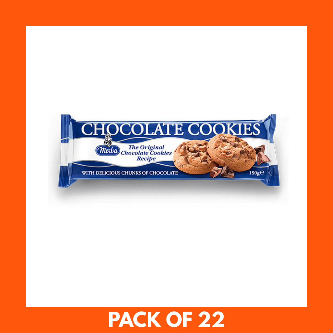 Pack of 22 chocolate cookies with a blue and white packaging on an orange background