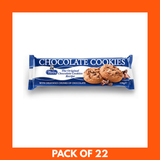Pack of 22 chocolate cookies with a blue and white packaging on an orange background