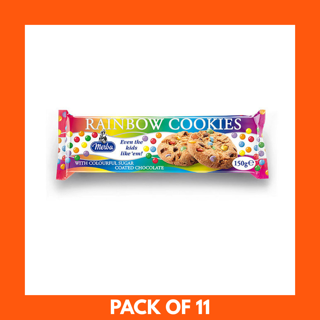 Pack of Rainbow Cookies with colorful packaging on a white background