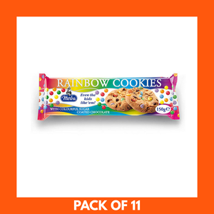 Pack of Rainbow Cookies with colorful packaging on a white background