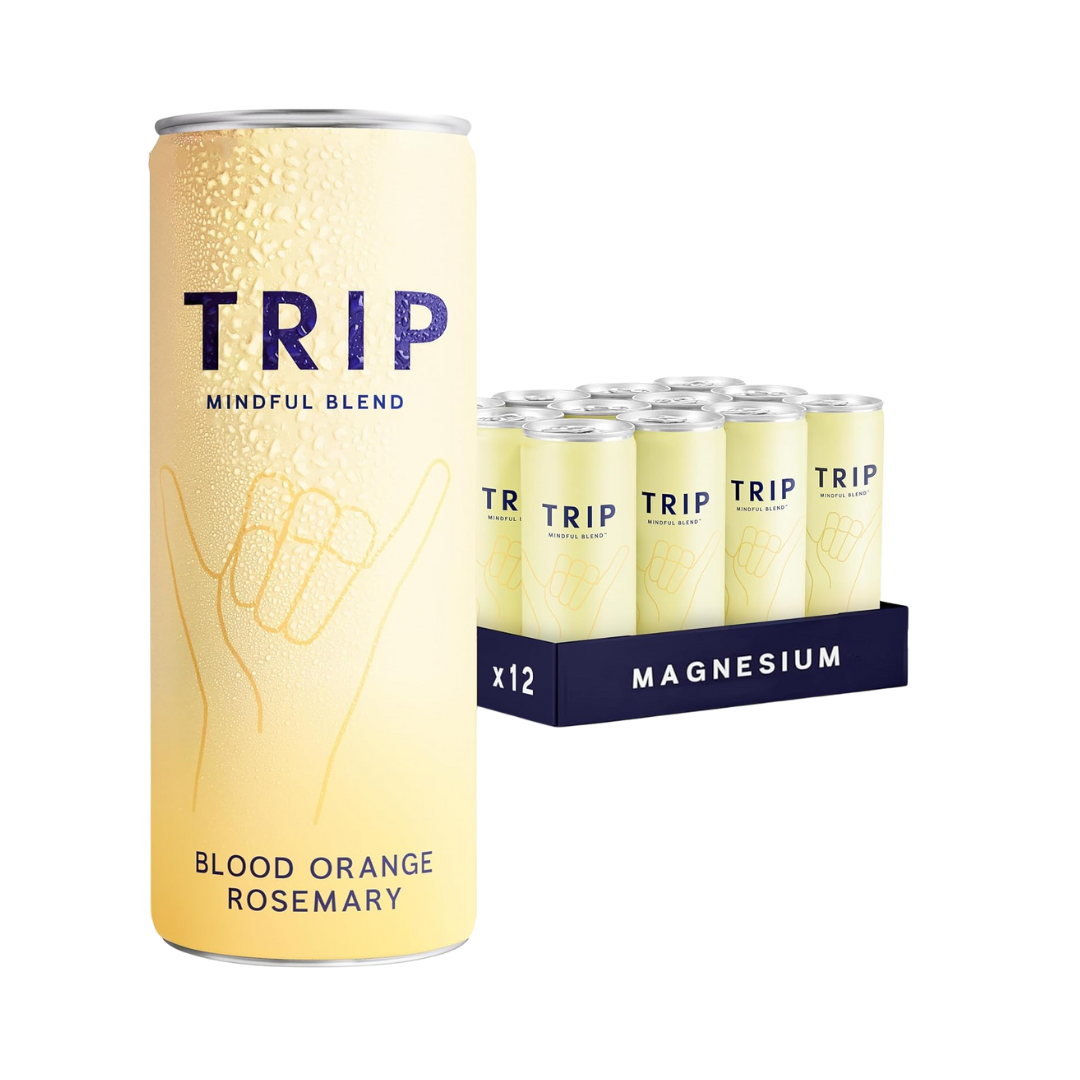 Close-up of TRIP Mindful Blends can showing magnesium and adaptogen ingredients