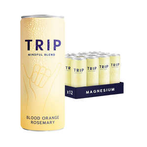 Close-up of TRIP Mindful Blends can showing magnesium and adaptogen ingredients