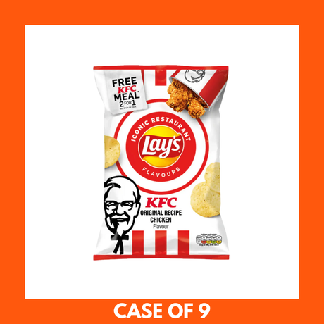 Retail box of Lays KFC Chicken Crisps — 9 bags × 150g, KFC-flavored potato crisps in Lays packaging.