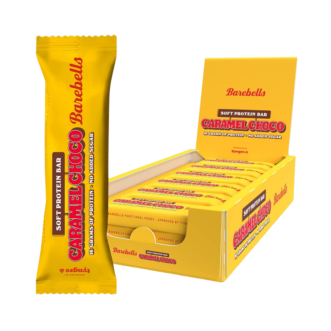 Box of 12 Barebells Caramel Choco bars arranged in retail display