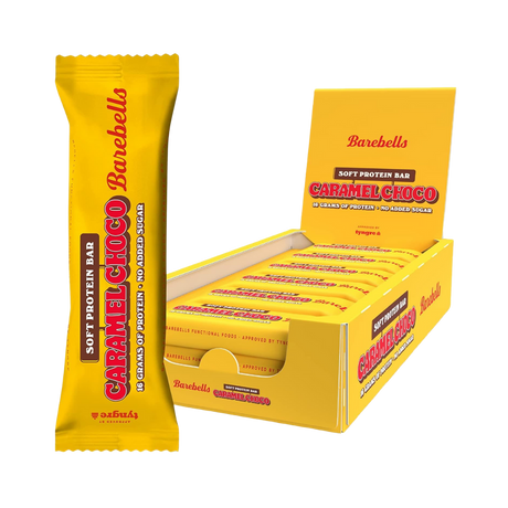 Box of 12 Barebells Caramel Choco bars arranged in retail display