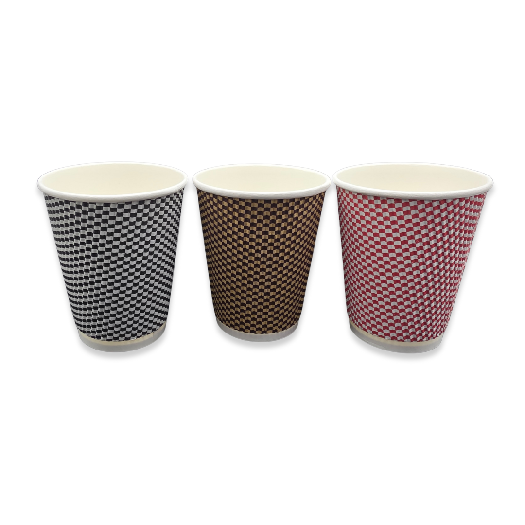 Three paper cups with checkered patterns on a white background