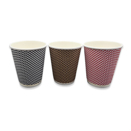 Three paper cups with checkered patterns on a white background