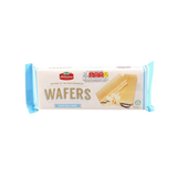 Close-up of golden wafer with creamy vanilla filling