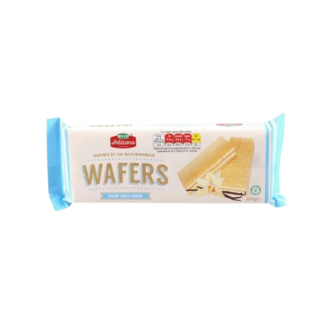 Close-up of golden wafer with creamy vanilla filling
