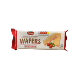 Close-up of strawberry cream wafer layers