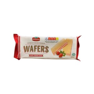 Close-up of strawberry cream wafer layers