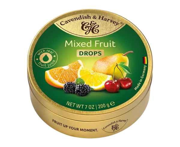 Sealed 200g pouch of Cavendish & Harvey Mix Fruits hard candy drops with brand logo and image of mixed fruit candies