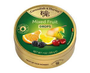Sealed 200g pouch of Cavendish & Harvey Mix Fruits hard candy drops with brand logo and image of mixed fruit candies