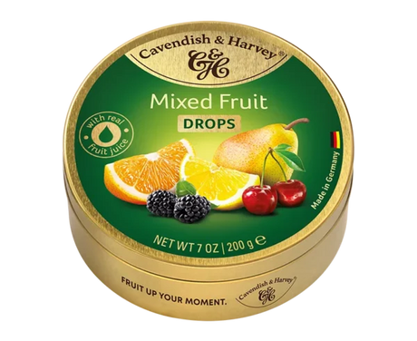 Sealed 200g pouch of Cavendish & Harvey Mix Fruits hard candy drops with brand logo and image of mixed fruit candies