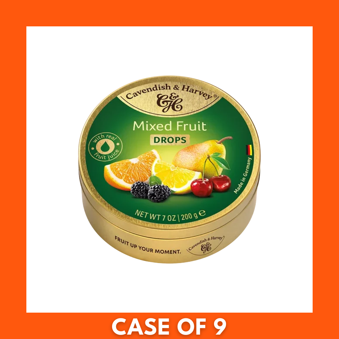 Close-up of Cavendish & Harvey hard candy drops Mix Fruits 200g — glossy red, orange, yellow and green round fruit-flavored sweets