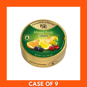 Close-up of Cavendish & Harvey hard candy drops Mix Fruits 200g — glossy red, orange, yellow and green round fruit-flavored sweets
