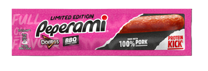 Close-up of Peperami Doritos BBQ X24 multipack display — stacked red snack packets in a 24-count box featuring an image of triangular chips and prominent BBQ branding