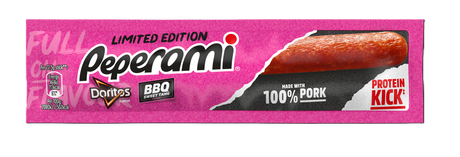 Close-up of Peperami Doritos BBQ X24 multipack display — stacked red snack packets in a 24-count box featuring an image of triangular chips and prominent BBQ branding