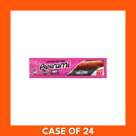 Peperami Doritos BBQ X 24 24-pack box — red retail carton with Peperami and Doritos logos and a bold 'BBQ' flavor label showing it contains 24 individual snack bags