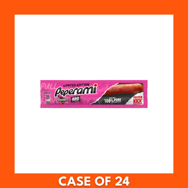 Peperami Doritos BBQ X 24 24-pack box — red retail carton with Peperami and Doritos logos and a bold 'BBQ' flavor label showing it contains 24 individual snack bags