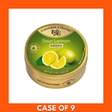 Front view of Cavendish & Harvey Sour Lemon hard candy drops, 200g; lemon-flavored yellow candies in branded packaging