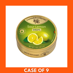 Front view of Cavendish & Harvey Sour Lemon hard candy drops, 200g; lemon-flavored yellow candies in branded packaging