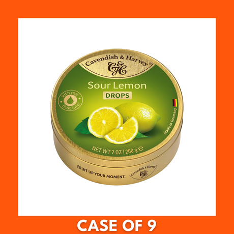 Front view of Cavendish & Harvey Sour Lemon hard candy drops, 200g; lemon-flavored yellow candies in branded packaging