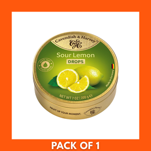 Cavendish & Harvey hard candy drops — Sour Lemon flavor, 200g pack showing bright yellow round lemon lozenges and brand logo