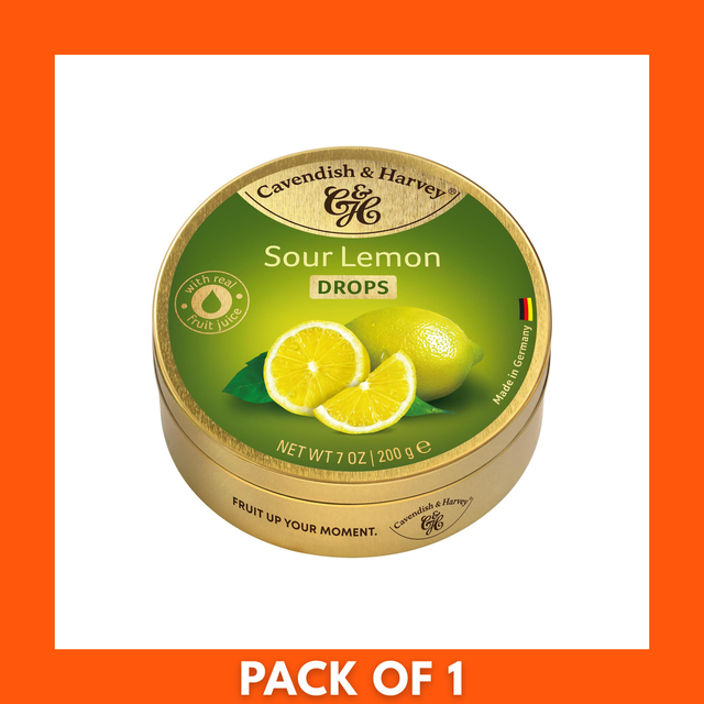 Cavendish & Harvey hard candy drops — Sour Lemon flavor, 200g pack showing bright yellow round lemon lozenges and brand logo