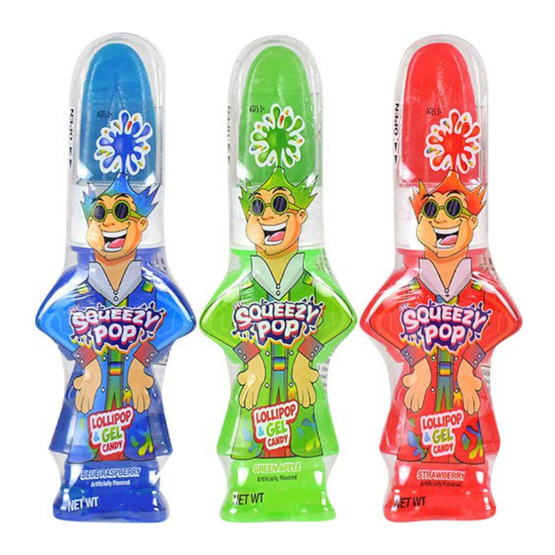 A display of Mr. Squeezy Pop in three exciting flavors: Blue Raspberry, Green Apple, and Strawberry.