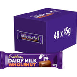 Pack of 48 Cadbury Wholenut 45g chocolate bars, stacked retail case showing individual wrapped bars and 'Wholenut' product name for bulk purchase