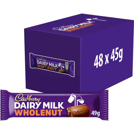 Pack of 48 Cadbury Wholenut 45g chocolate bars, stacked retail case showing individual wrapped bars and 'Wholenut' product name for bulk purchase