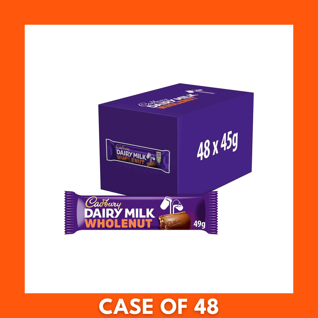 Cadbury Wholenut bulk pack — 48 x 45g milk chocolate bars in a retail carton, Cadbury logo and whole-hazelnut imagery on purple packaging